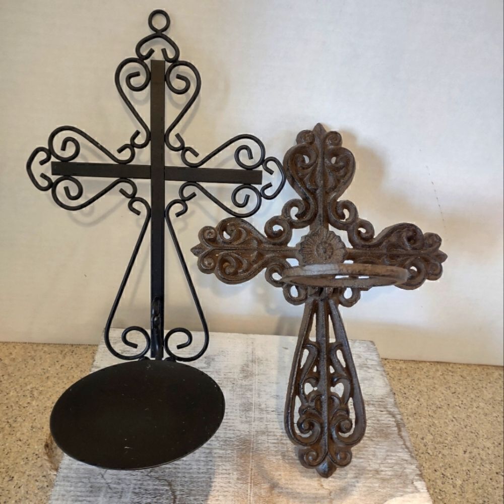 👍 Set of two different cross wall hanging candle holders.  Metal & Iron. C6